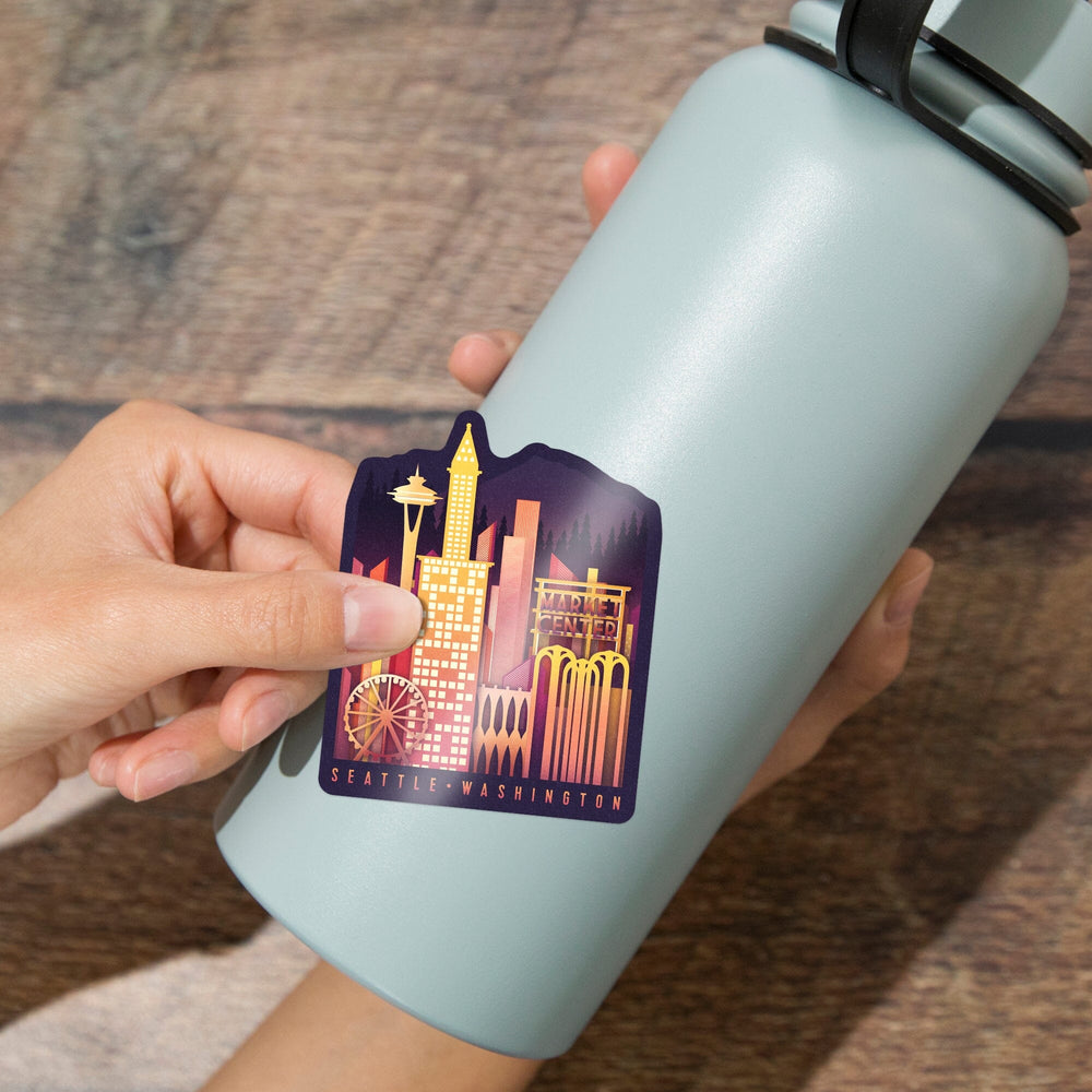 Seattle, Washington, Neon Skyline, Contour, Vinyl Sticker Sticker Lantern Press 