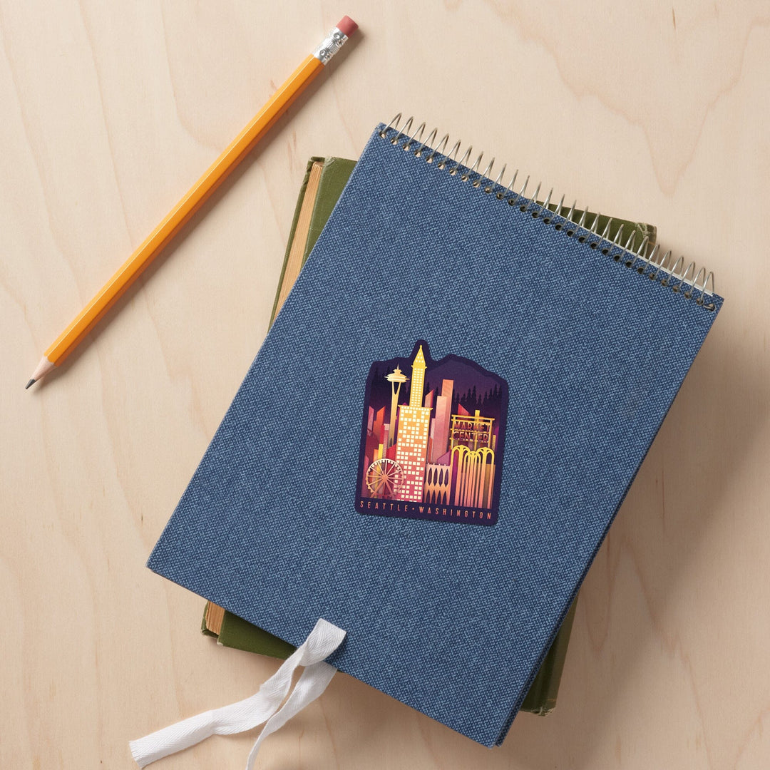 Seattle, Washington, Neon Skyline, Contour, Vinyl Sticker Sticker Lantern Press 