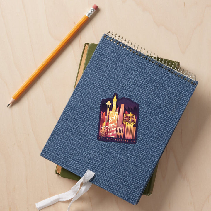 Seattle, Washington, Neon Skyline, Contour, Vinyl Sticker Sticker Lantern Press 