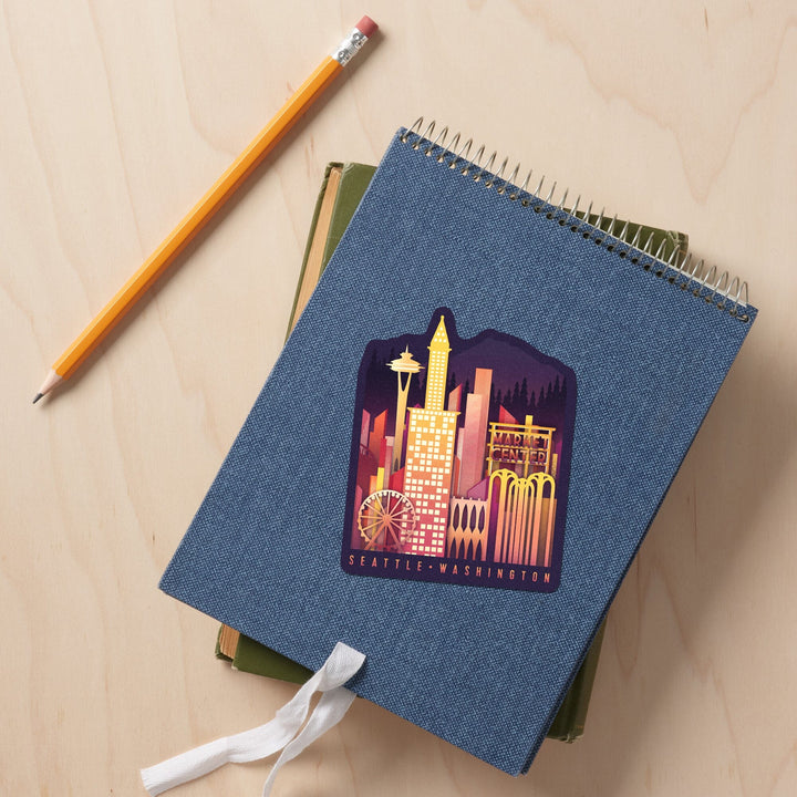 Seattle, Washington, Neon Skyline, Contour, Vinyl Sticker Sticker Lantern Press 