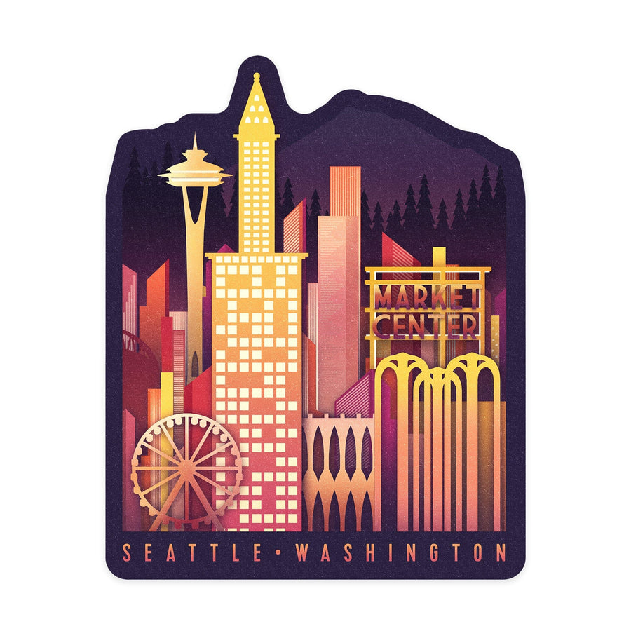 Seattle, Washington, Neon Skyline, Contour, Vinyl Sticker Sticker Lantern Press 