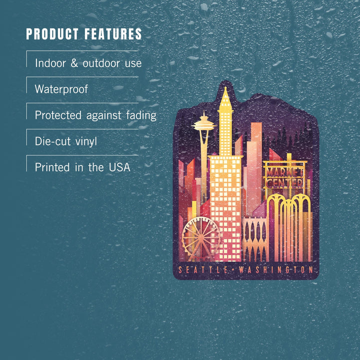 Seattle, Washington, Neon Skyline, Contour, Vinyl Sticker Sticker Lantern Press 