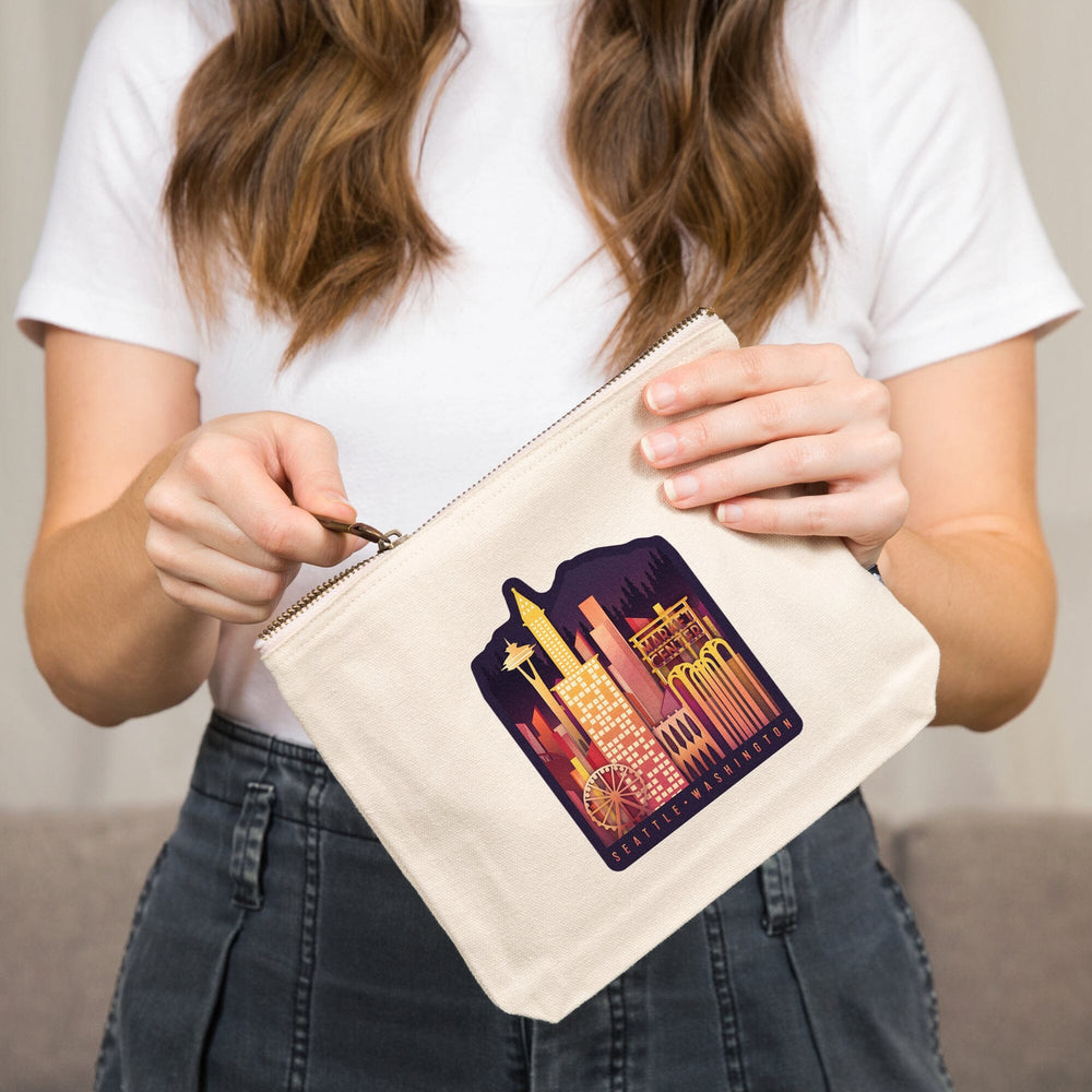 Seattle, Washington, Neon Skyline,, Organic Cotton Zipper Pouch, Go Bag Go Bag Lantern Press 