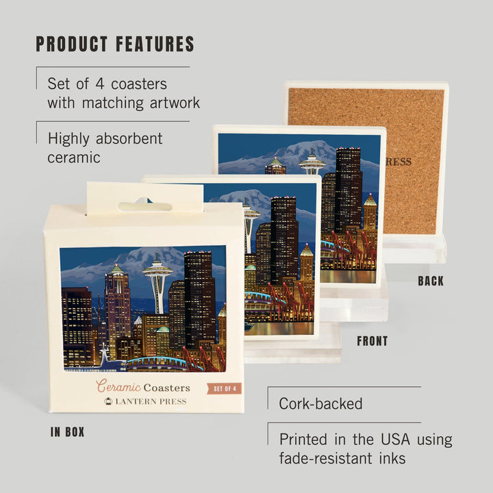 Seattle, Washington, Night Skyline, Image Only, Coasters Coasters Lantern Press 