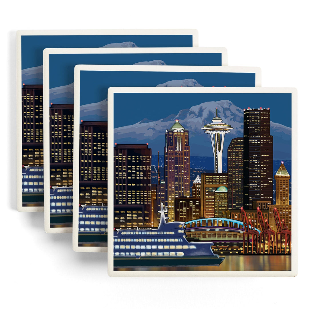 Seattle, Washington, Night Skyline, Image Only, Coasters Coasters Lantern Press 
