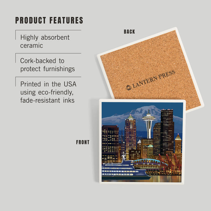 Seattle, Washington, Night Skyline, Image Only, Coasters Coasters Lantern Press 