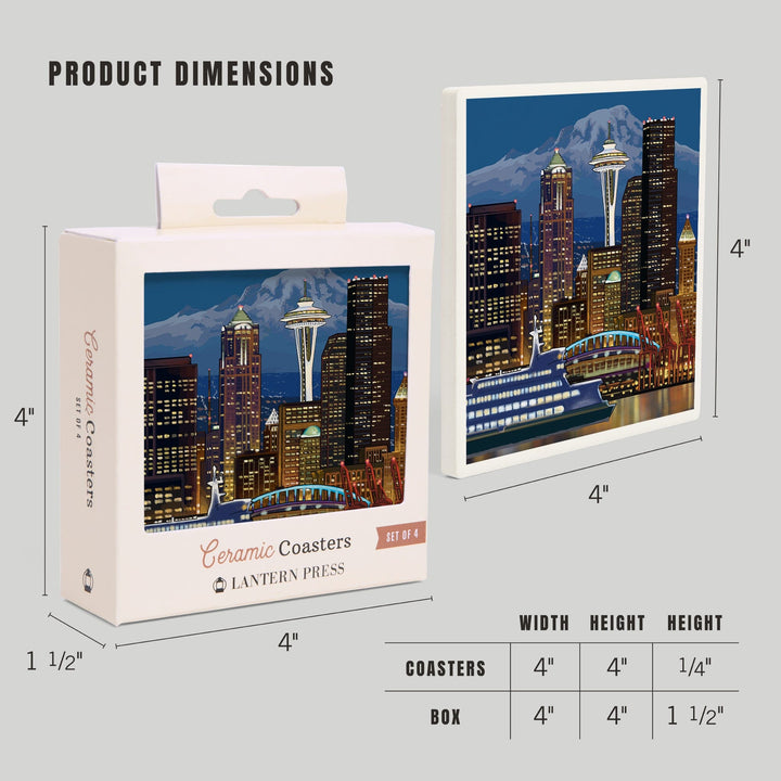 Seattle, Washington, Night Skyline, Image Only, Coasters Coasters Lantern Press 