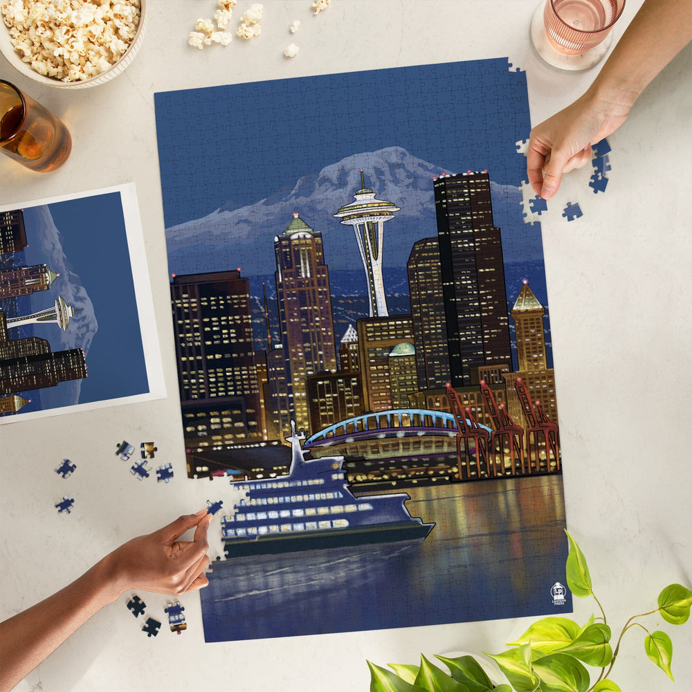 Seattle, Washington, Night Skyline, Image Only, Jigsaw Puzzle Puzzle Lantern Press 