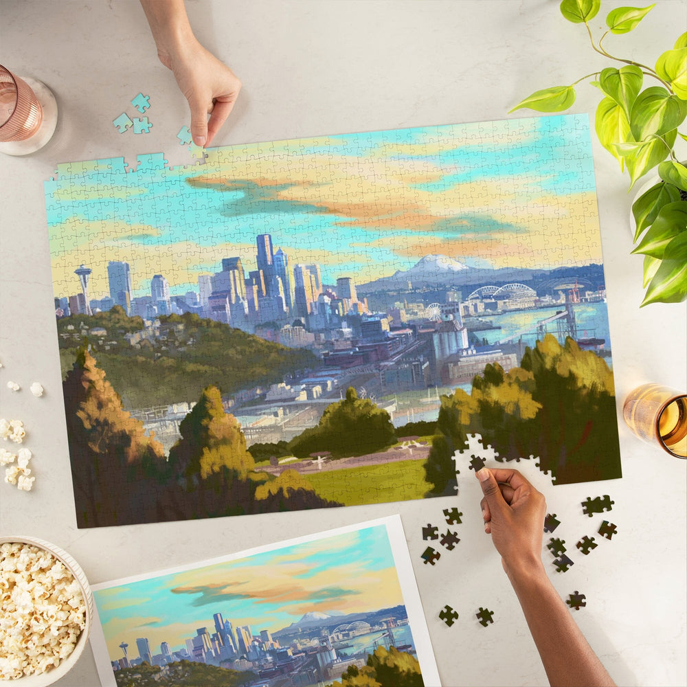 Seattle, Washington, Oil Painting, Skyline, Jigsaw Puzzle Puzzle Lantern Press 