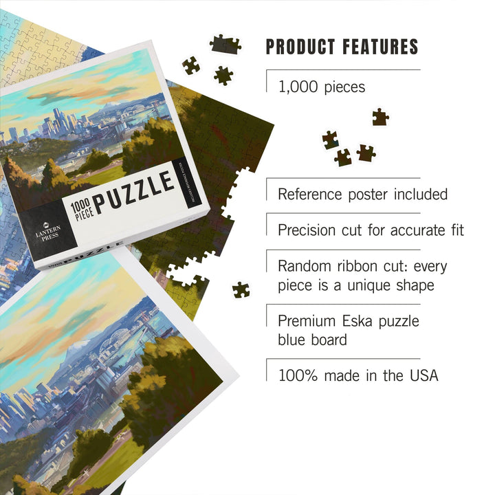 Seattle, Washington, Oil Painting, Skyline, Jigsaw Puzzle Puzzle Lantern Press 