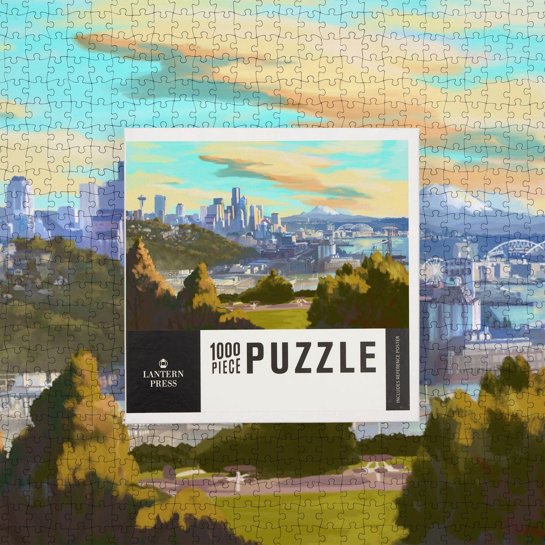 Seattle, Washington, Oil Painting, Skyline, Jigsaw Puzzle Puzzle Lantern Press 