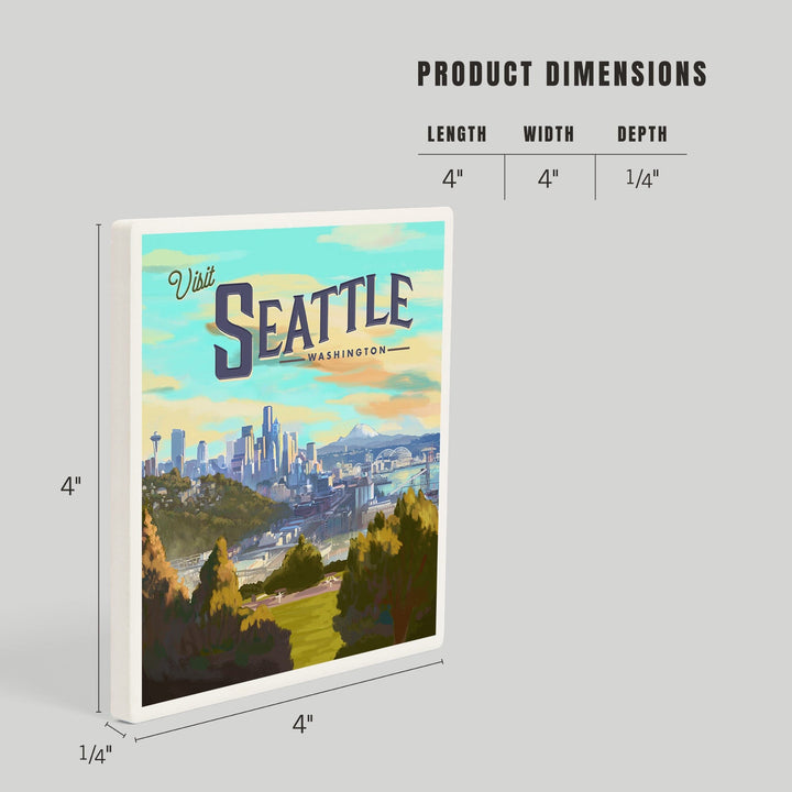 Seattle, Washington, Oil Painting, Visit Seattle, Skyline, Coasters Coasters Lantern Press 