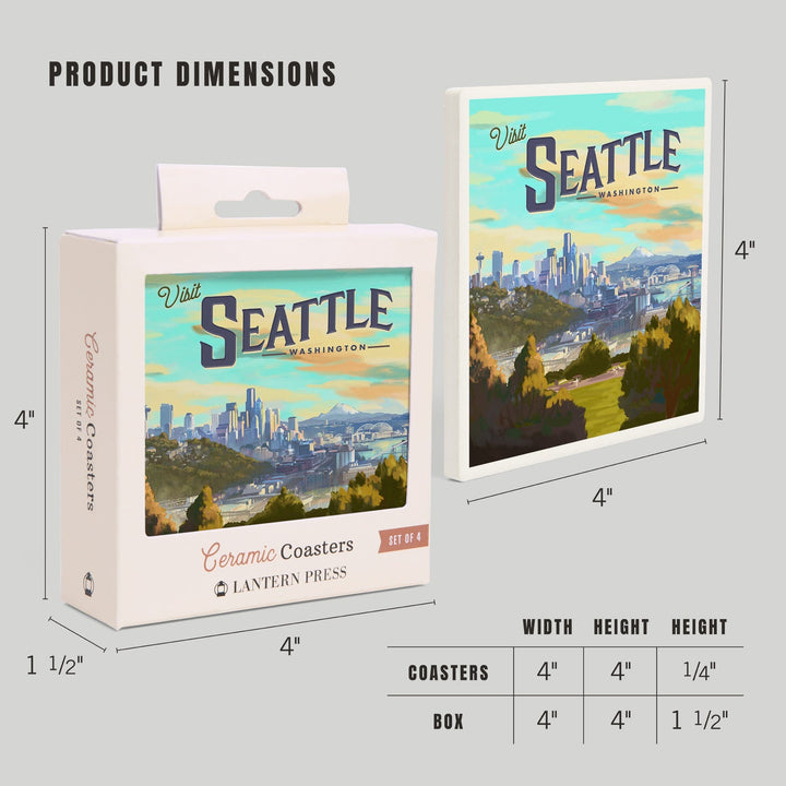 Seattle, Washington, Oil Painting, Visit Seattle, Skyline, Coasters Coasters Lantern Press 
