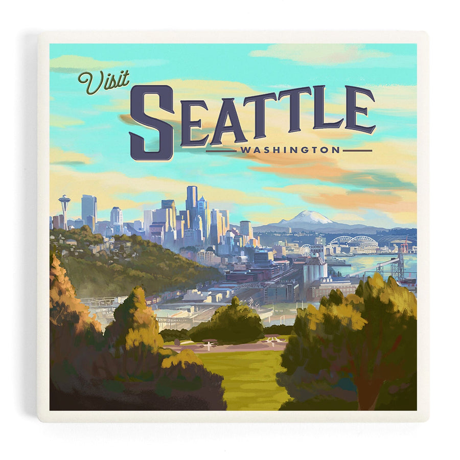 Seattle, Washington, Oil Painting, Visit Seattle, Skyline, Coasters Coasters Lantern Press 
