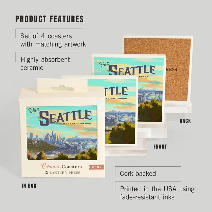 Seattle, Washington, Oil Painting, Visit Seattle, Skyline, Coasters Coasters Lantern Press 