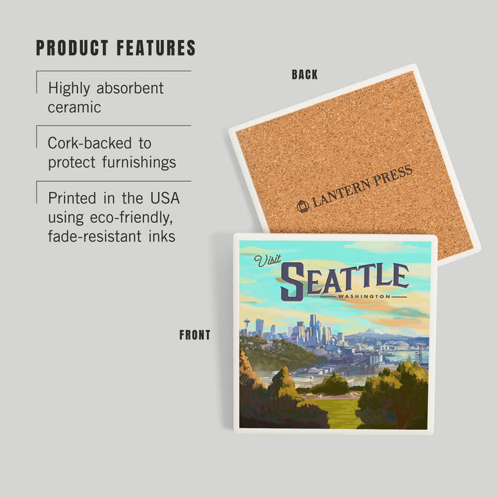 Seattle, Washington, Oil Painting, Visit Seattle, Skyline, Coasters Coasters Lantern Press 