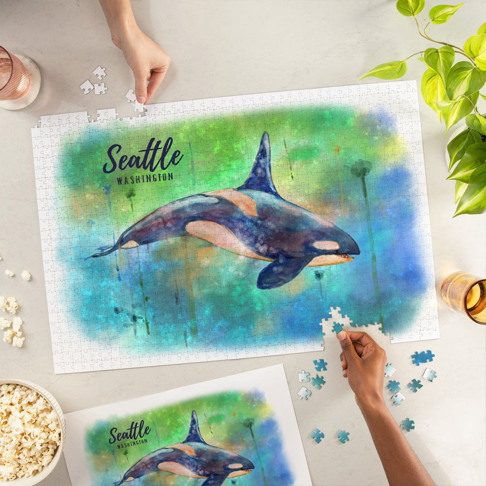 Seattle, Washington, Orca, Watercolor, Jigsaw Puzzle Puzzle Lantern Press 