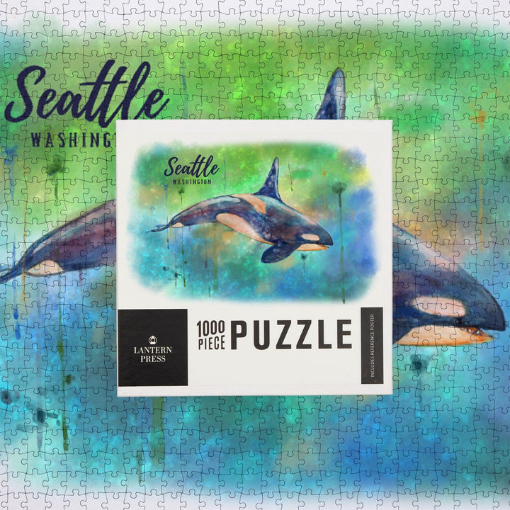 Seattle, Washington, Orca, Watercolor, Jigsaw Puzzle Puzzle Lantern Press 