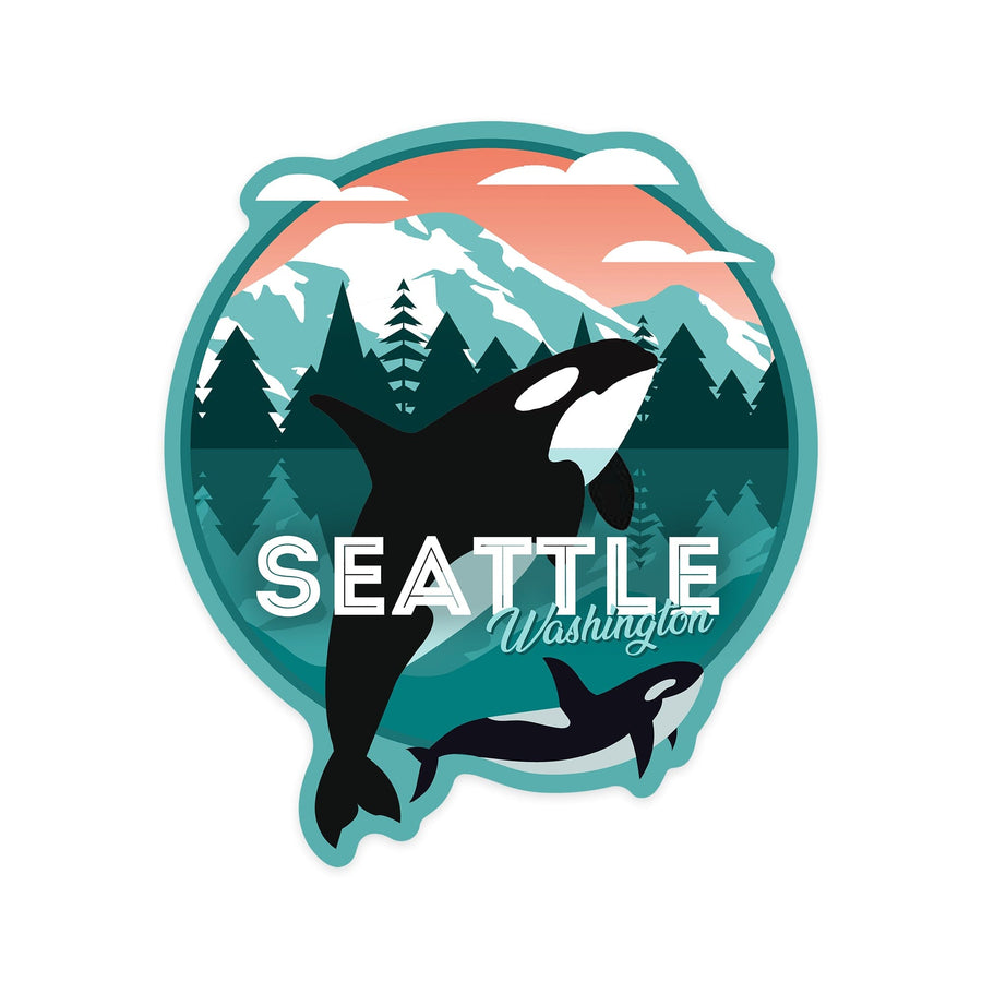 Seattle, Washington, Orca Whale and Calf, Vector, Contour, Lantern Press Artwork, Vinyl Sticker Sticker Lantern Press 