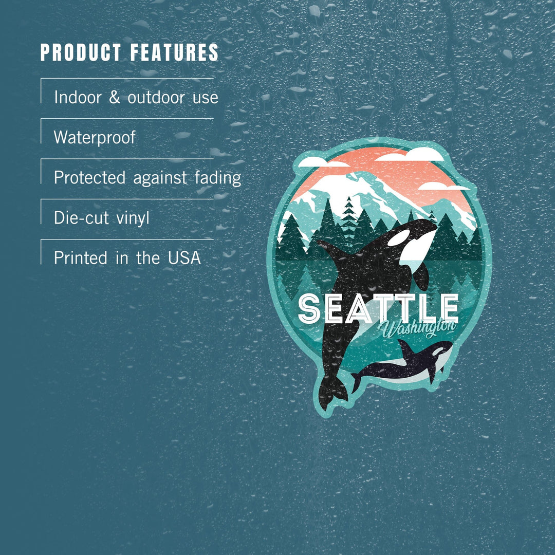 Seattle, Washington, Orca Whale and Calf, Vector, Contour, Lantern Press Artwork, Vinyl Sticker Sticker Lantern Press 
