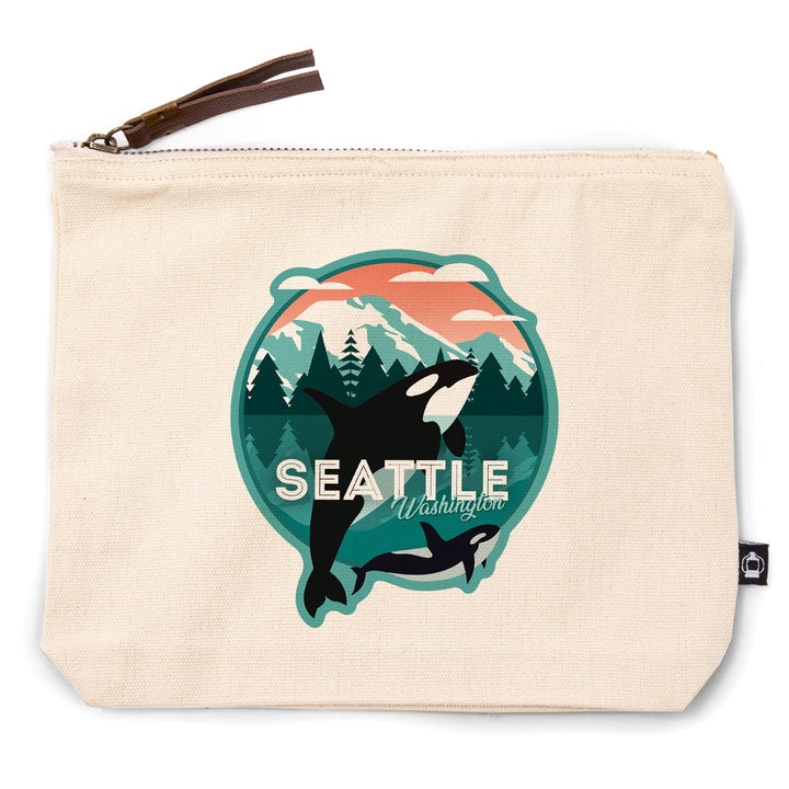 Seattle, Washington, Orca Whale and Calf, Vector,, Organic Cotton Zipper Pouch, Go Bag Go Bag Lantern Press 