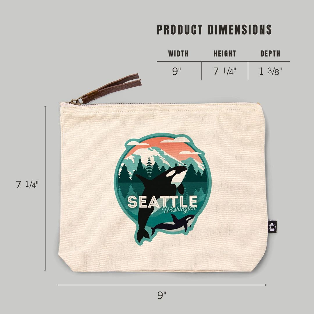 Seattle, Washington, Orca Whale and Calf, Vector,, Organic Cotton Zipper Pouch, Go Bag Go Bag Lantern Press 