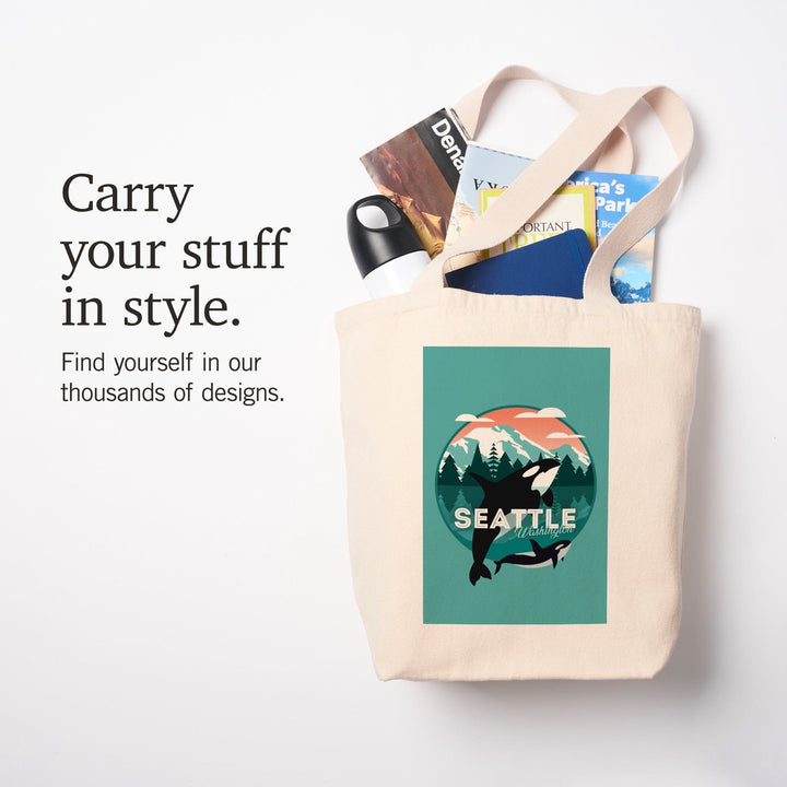 Seattle, Washington, Orca Whale and Calf, Vector,, Tote Bag Totes Lantern Press 