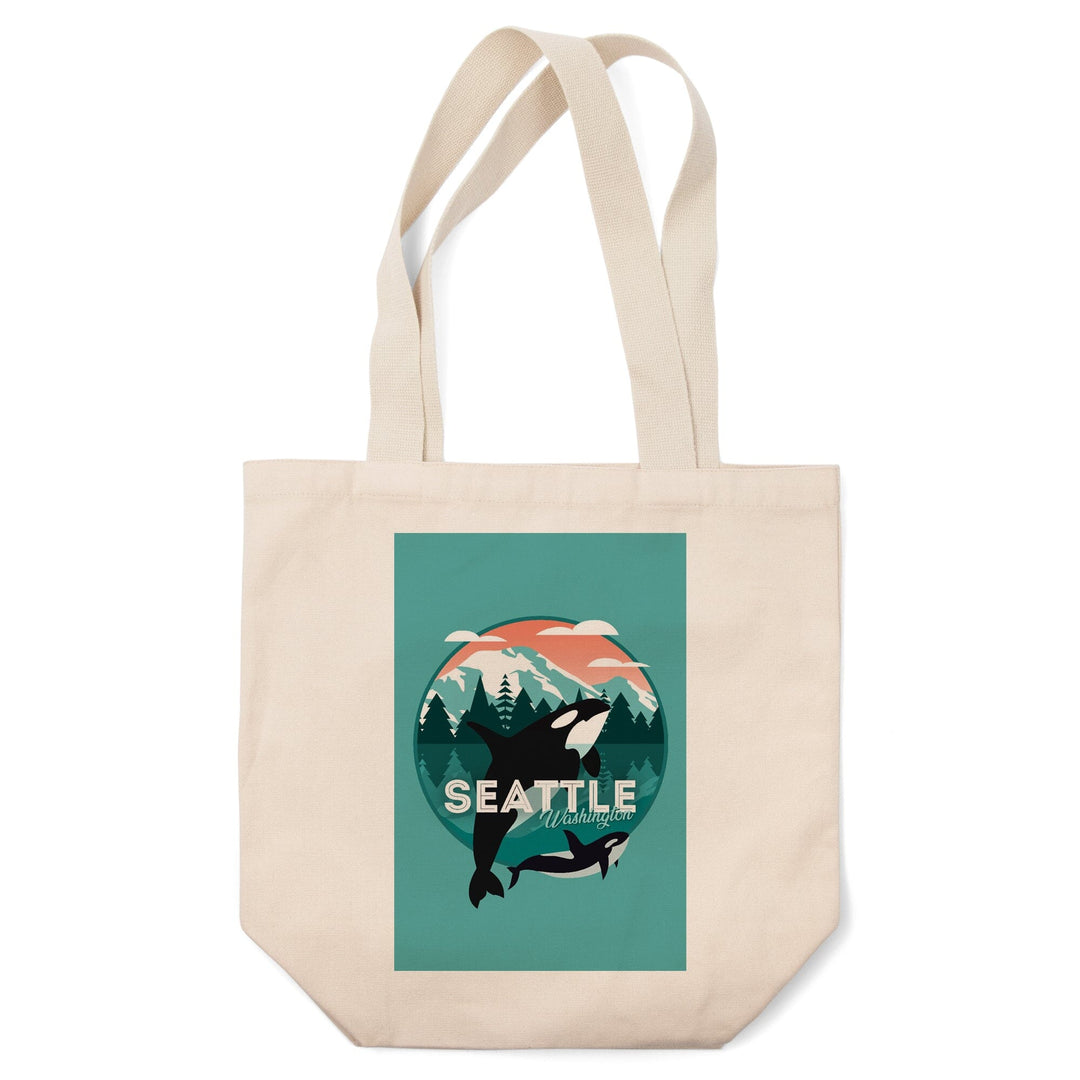 Seattle, Washington, Orca Whale and Calf, Vector,, Tote Bag Totes Lantern Press 