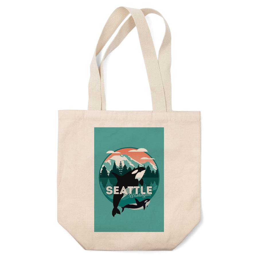 Seattle, Washington, Orca Whale and Calf, Vector,, Tote Bag Totes Lantern Press 