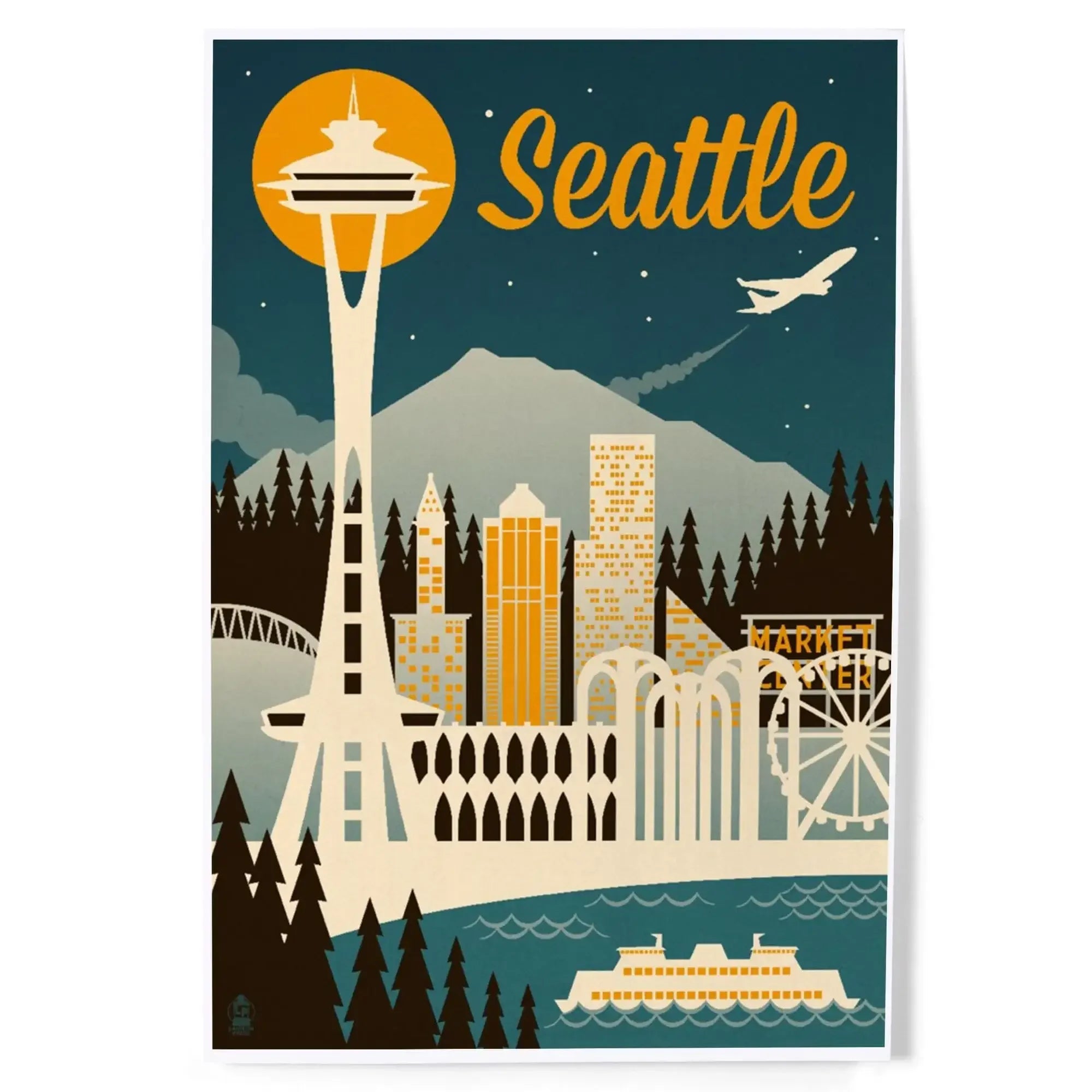Seattle, Washington, Retro Skyline art prints, metal signs