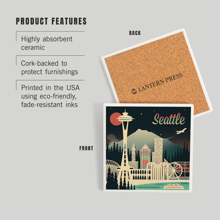 Seattle, Washington, Retro Skyline Chromatic Series, Coasters Coasters Lantern Press 