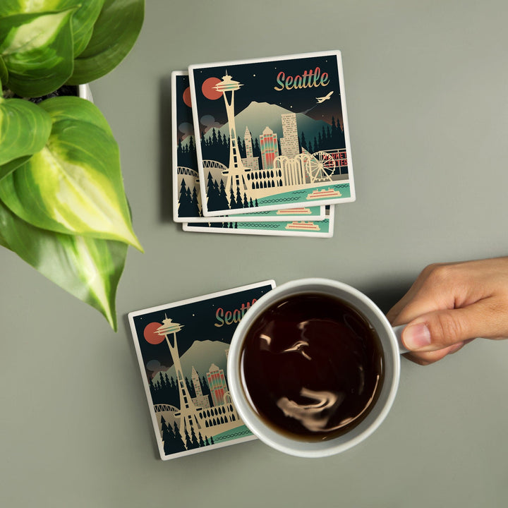 Seattle, Washington, Retro Skyline Chromatic Series, Coasters Coasters Lantern Press 