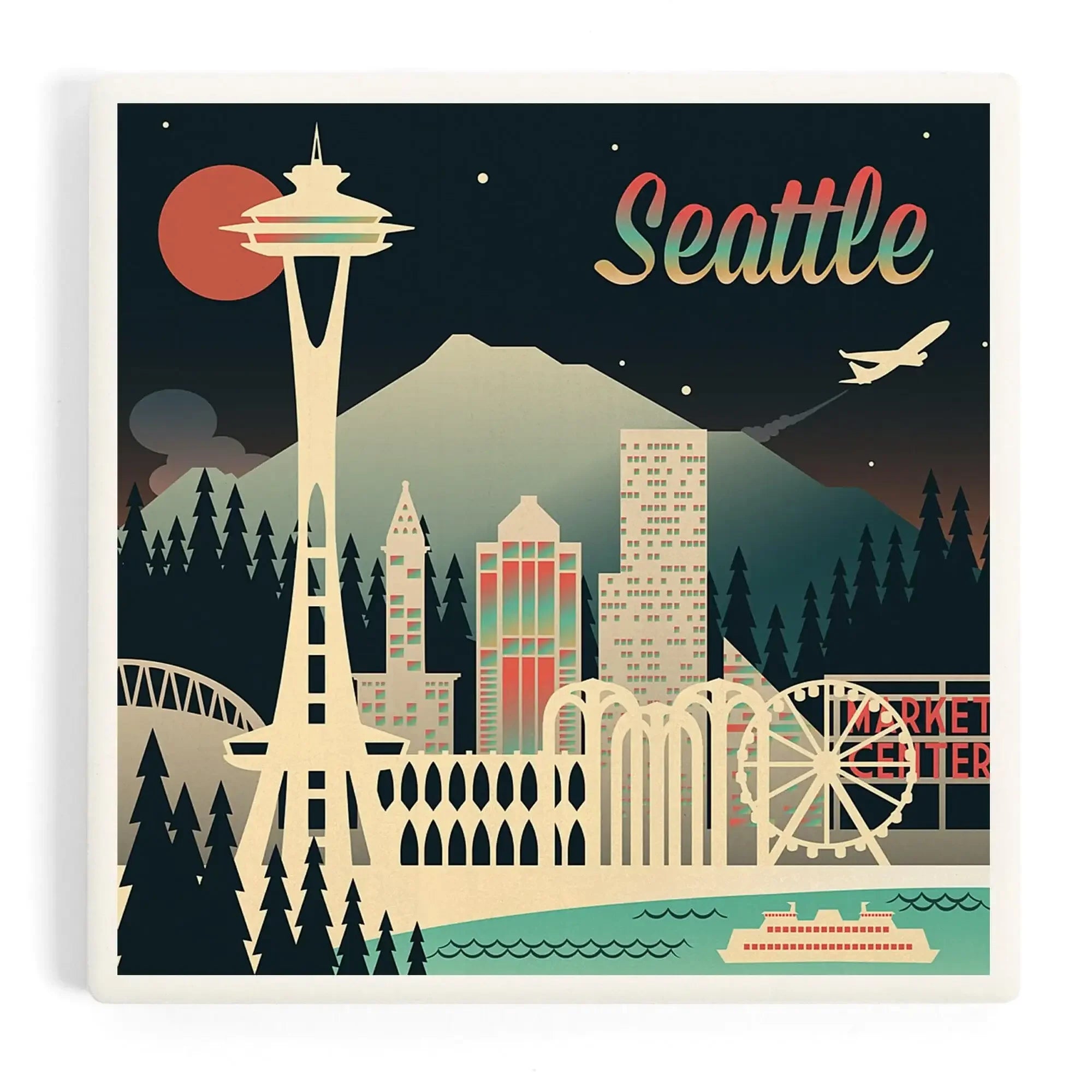Seattle, Washington, Retro Skyline Chromatic Series ceramic coaster set ...