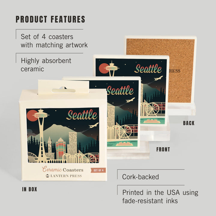 Seattle, Washington, Retro Skyline Chromatic Series, Coasters Coasters Lantern Press 