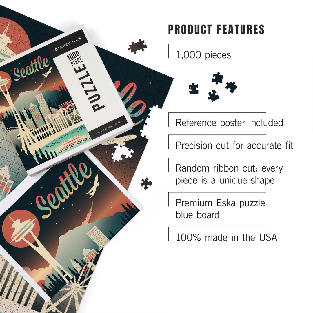 Seattle, Washington, Retro Skyline Chromatic Series, Jigsaw Puzzle Puzzle Lantern Press 