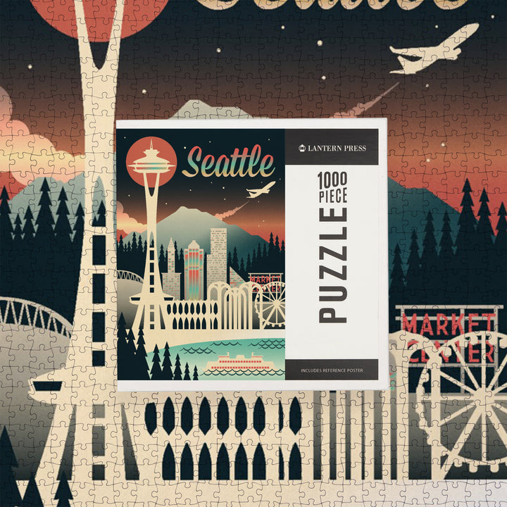 Seattle, Washington, Retro Skyline Chromatic Series, Jigsaw Puzzle Puzzle Lantern Press 