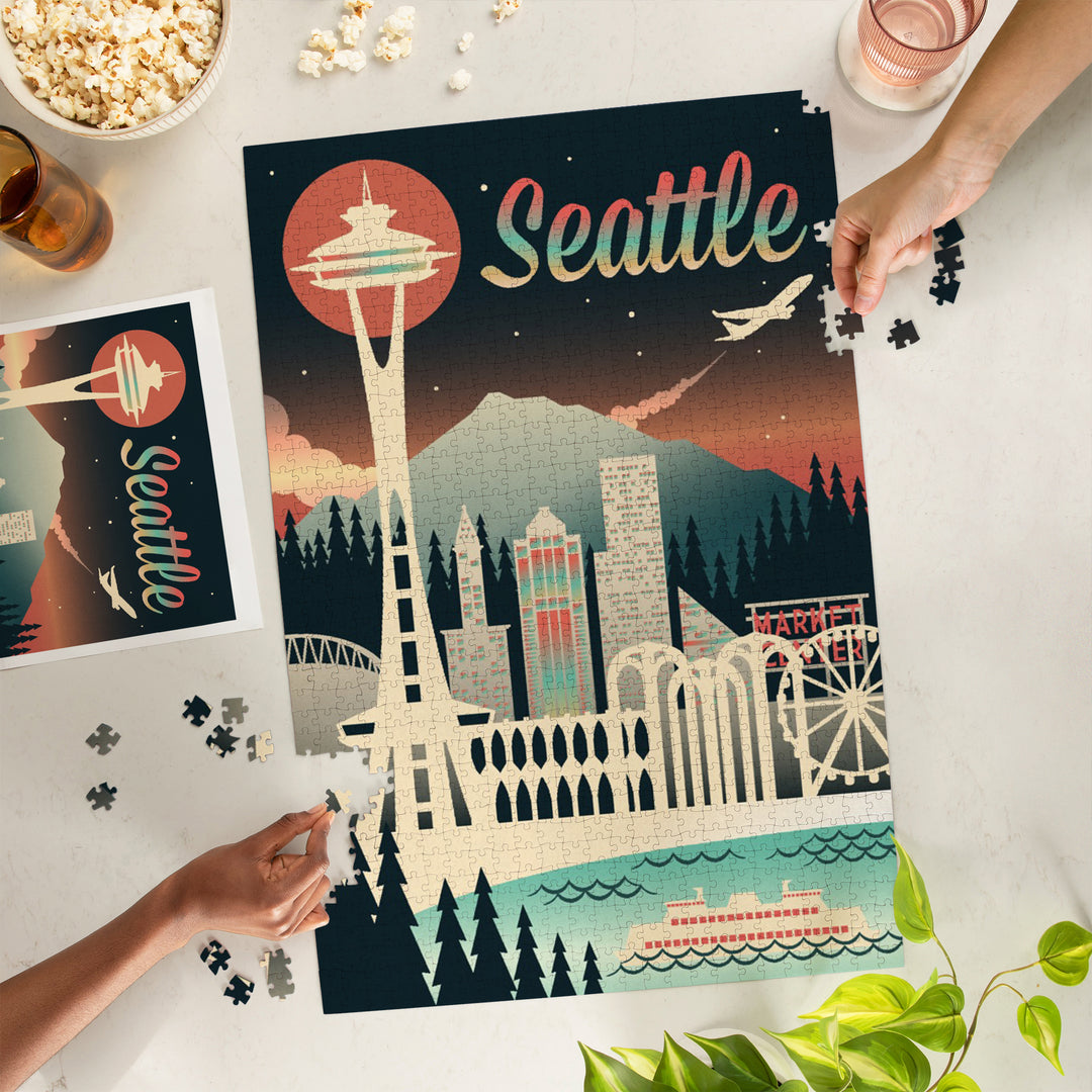 Seattle, Washington, Retro Skyline Chromatic Series, Jigsaw Puzzle Puzzle Lantern Press 