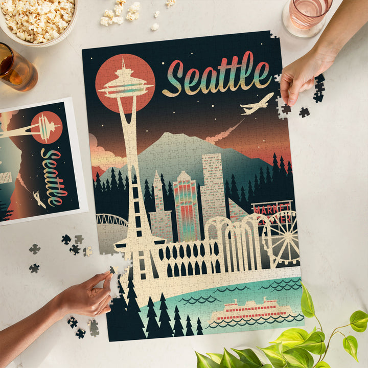 Seattle, Washington, Retro Skyline Chromatic Series, Jigsaw Puzzle Puzzle Lantern Press 