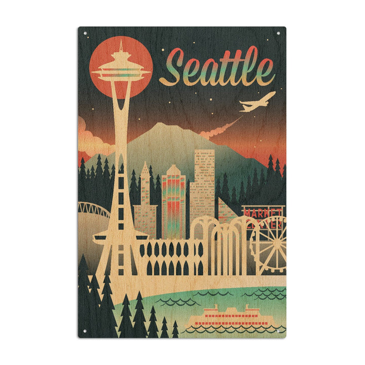 Seattle, Washington, Retro Skyline Chromatic Series, Lantern Press Artwork, Wood Signs and Postcards Wood Lantern Press 10 x 15 Wood Sign 