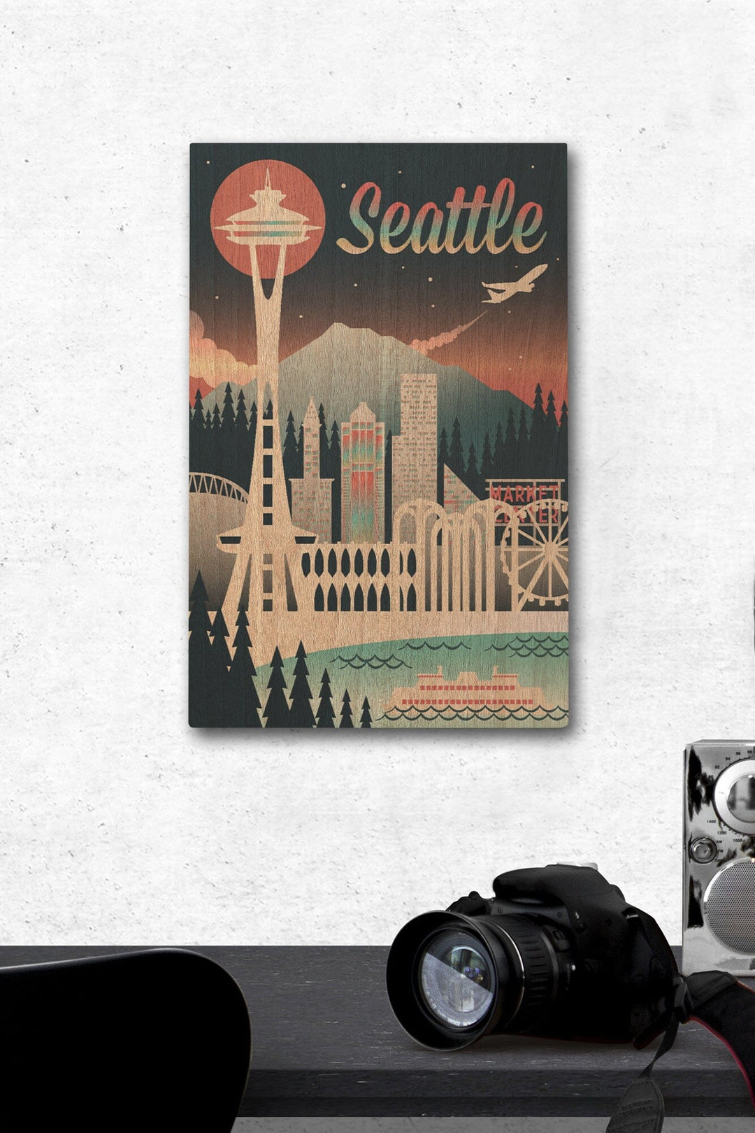 Seattle, Washington, Retro Skyline Chromatic Series, Lantern Press Artwork, Wood Signs and Postcards Wood Lantern Press 12 x 18 Wood Gallery Print 