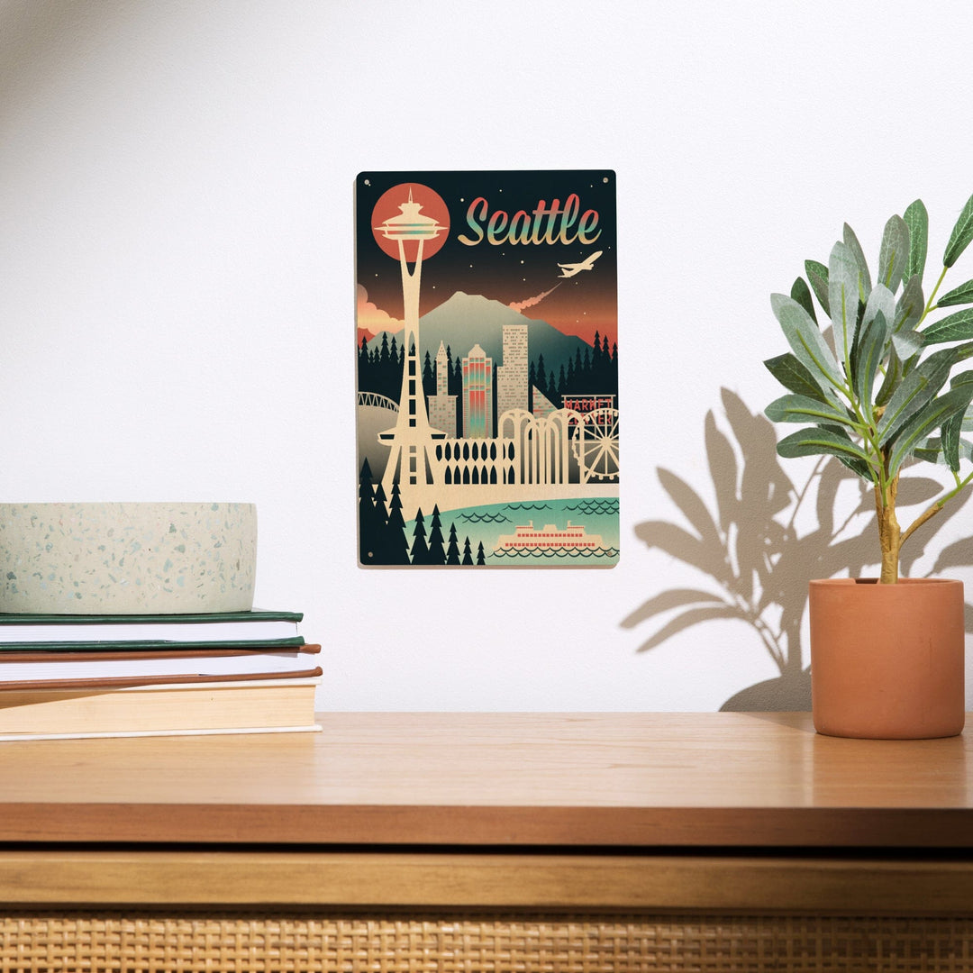 Seattle, Washington, Retro Skyline Chromatic Series, Lantern Press Artwork, Wood Signs and Postcards Wood Lantern Press 