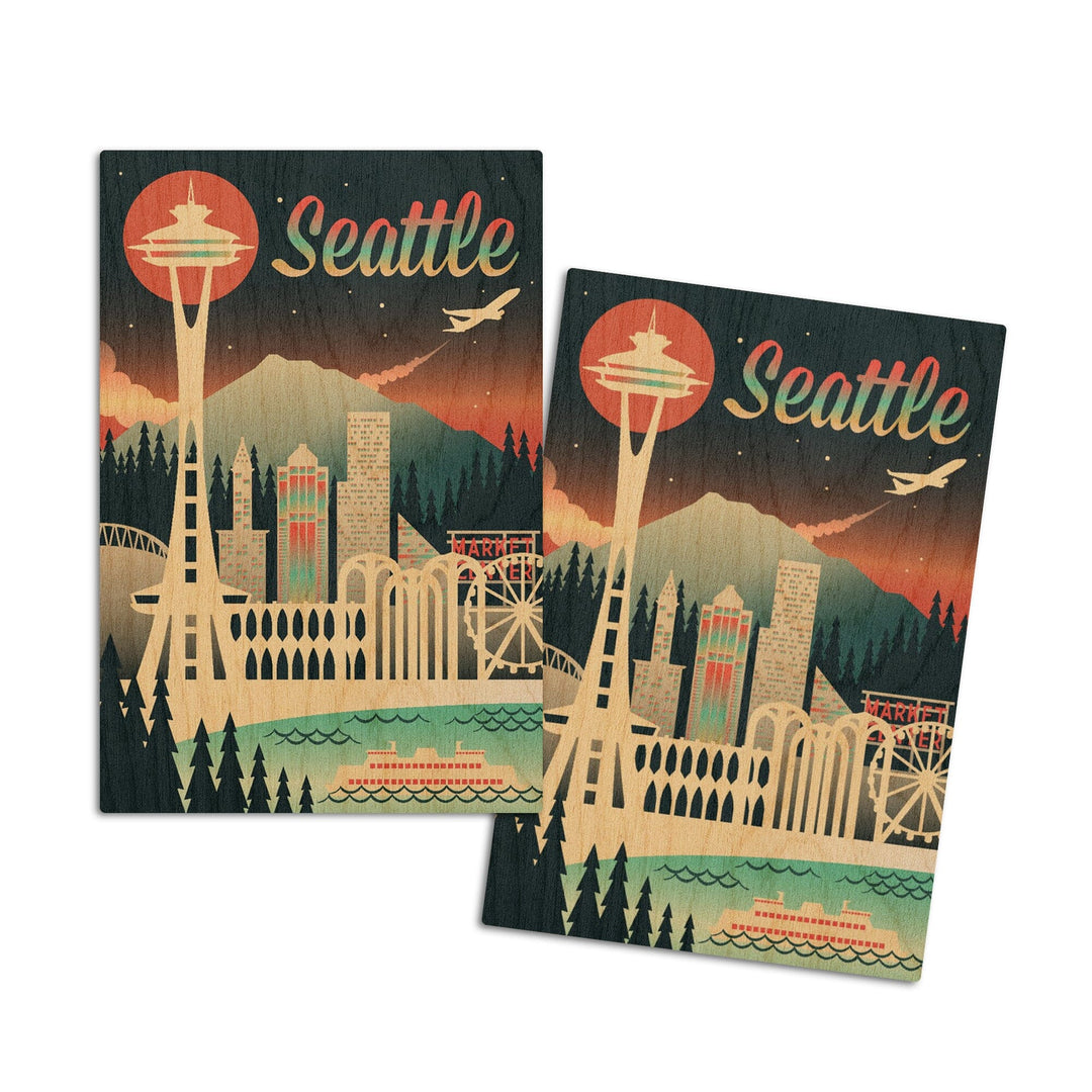 Seattle, Washington, Retro Skyline Chromatic Series, Lantern Press Artwork, Wood Signs and Postcards Wood Lantern Press 4x6 Wood Postcard Set 