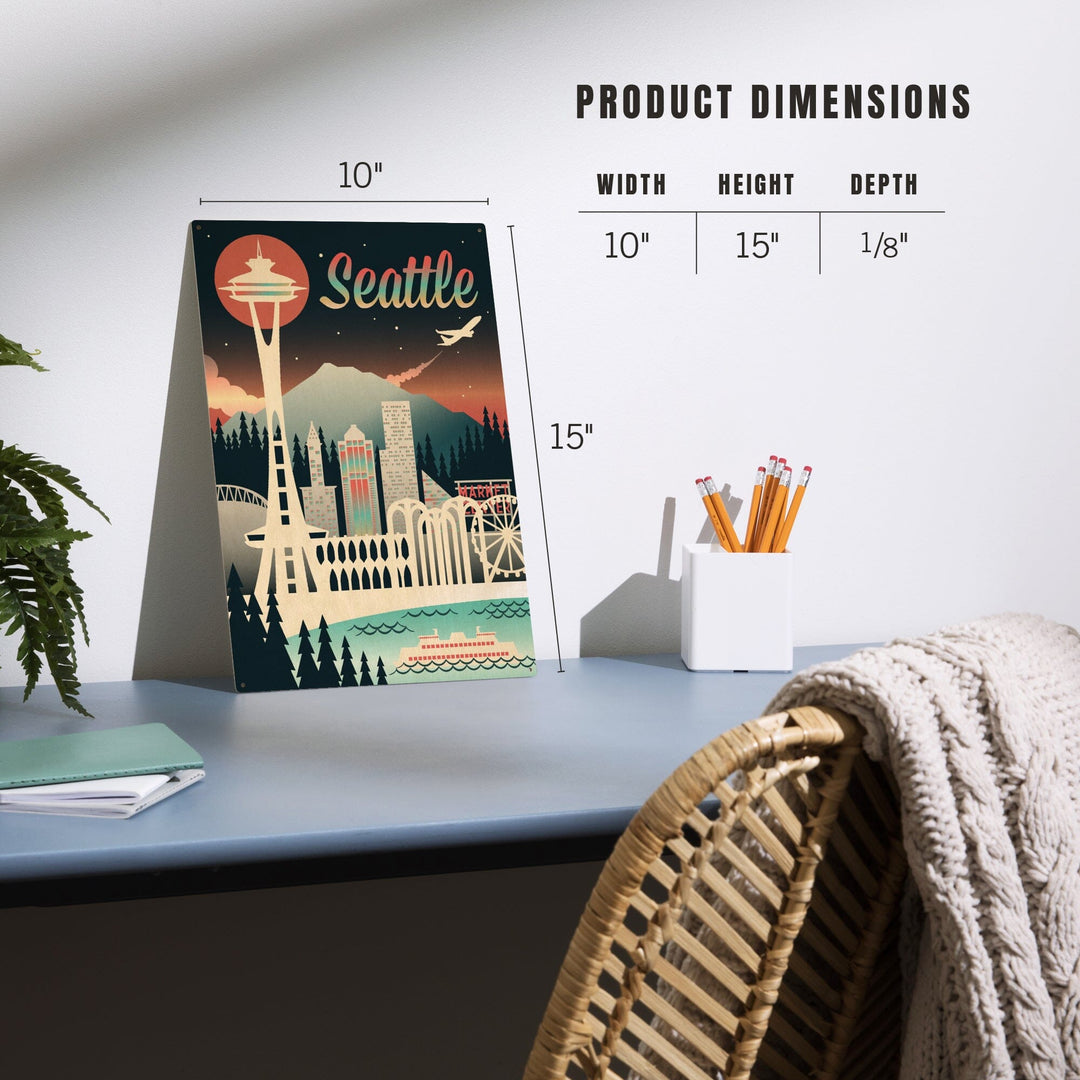 Seattle, Washington, Retro Skyline Chromatic Series, Lantern Press Artwork, Wood Signs and Postcards Wood Lantern Press 