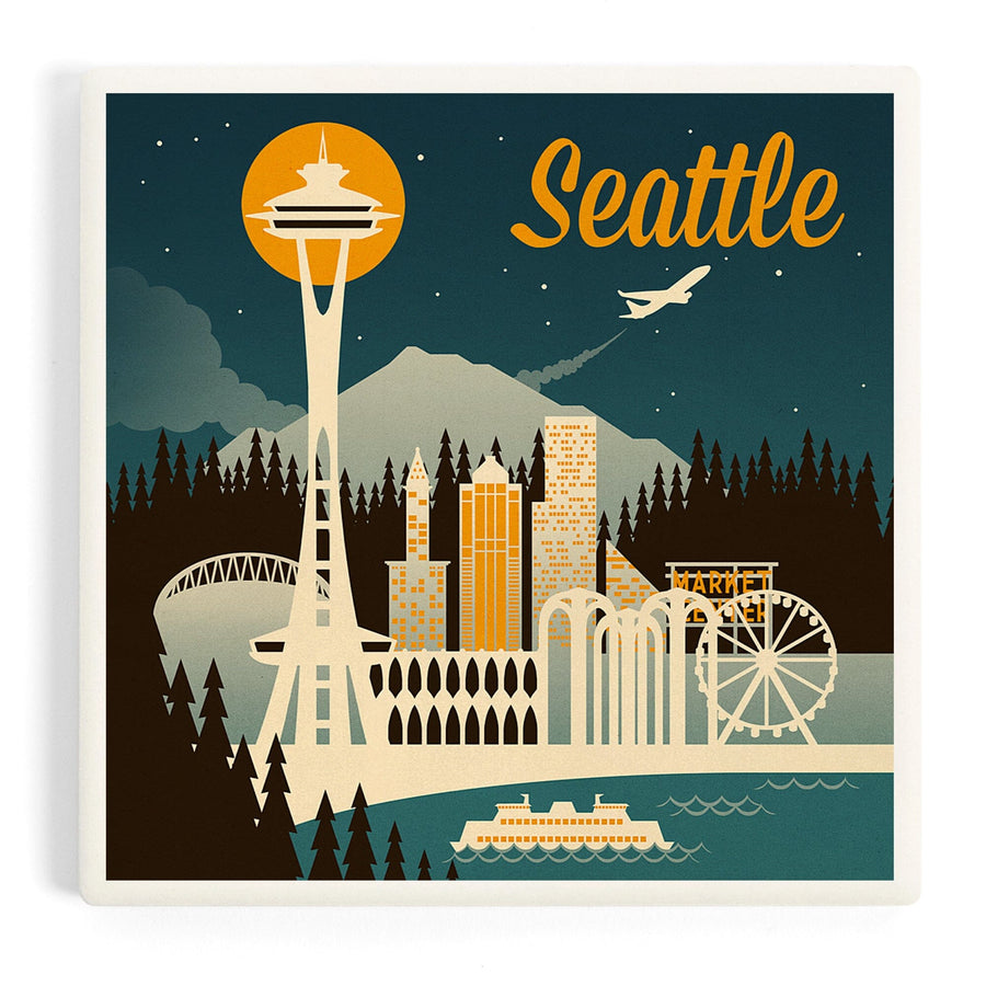 Seattle, Washington, Retro Skyline, Coasters Coasters Lantern Press 