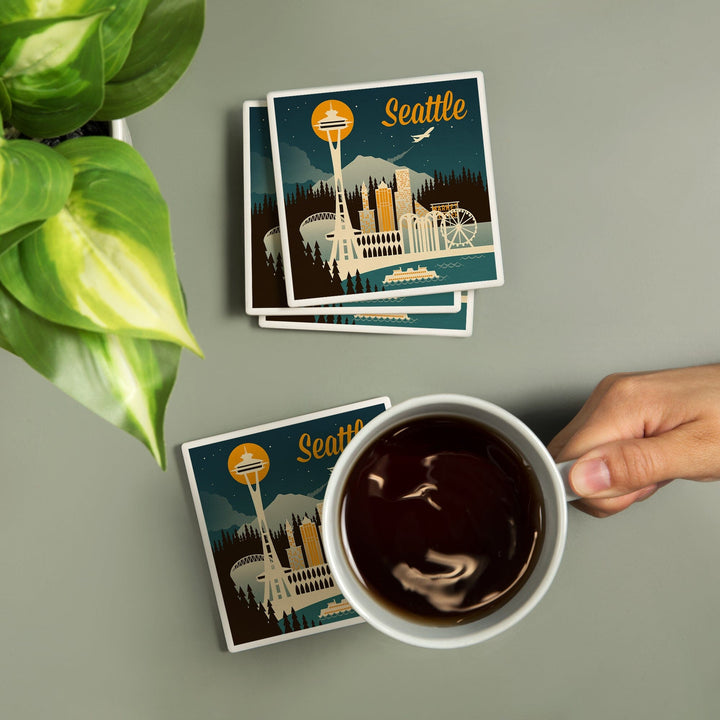 Seattle, Washington, Retro Skyline, Coasters Coasters Lantern Press 