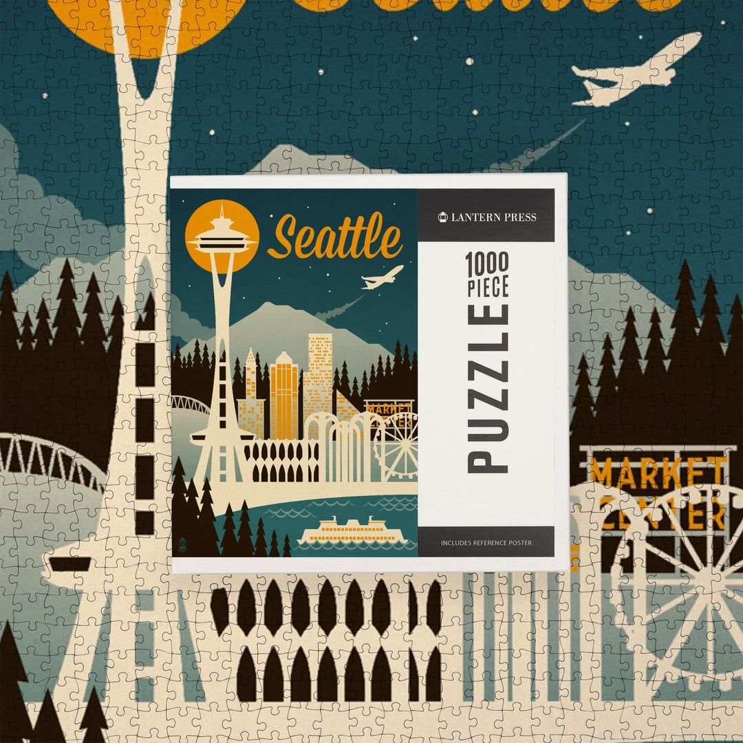 Seattle, Washington, Retro Skyline, Jigsaw Puzzle Puzzle Lantern Press 