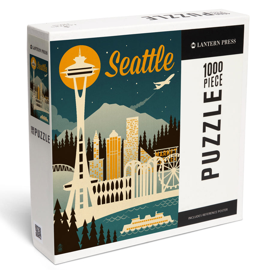 Seattle, Washington, Retro Skyline, Jigsaw Puzzle Puzzle Lantern Press 
