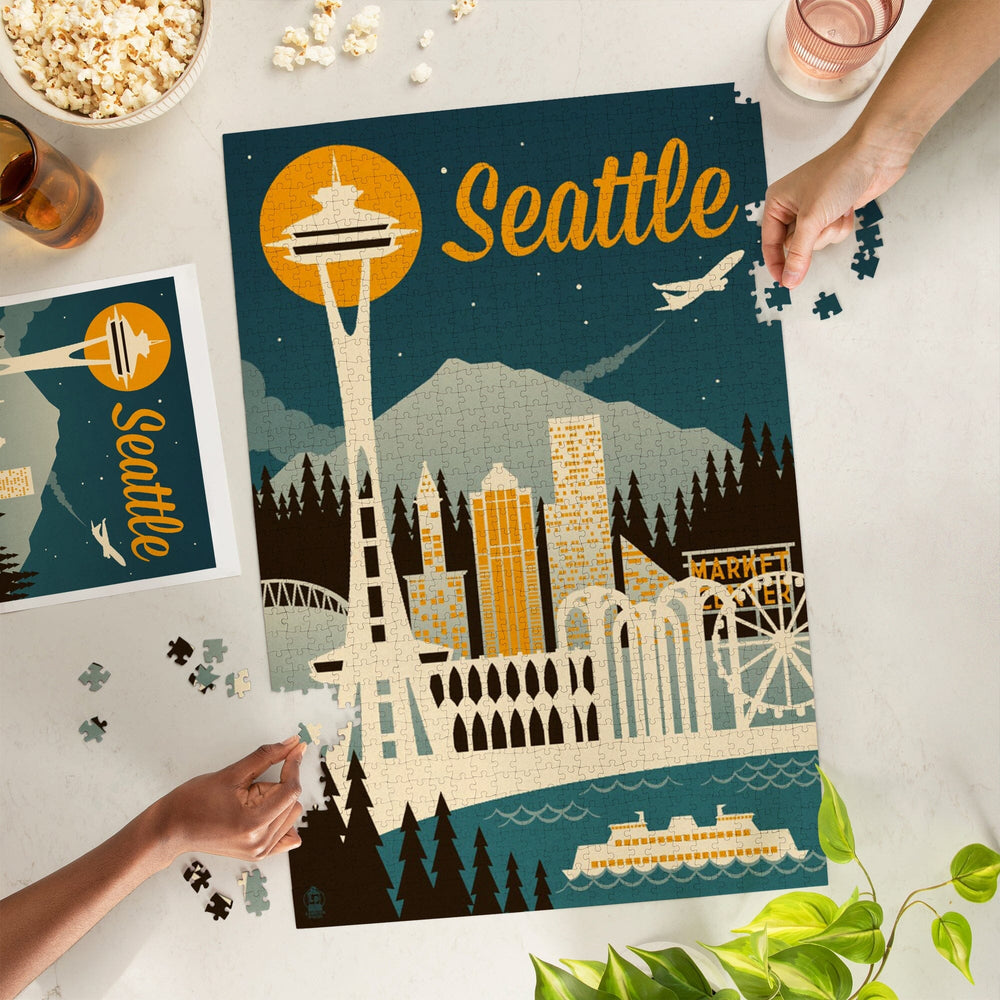 Seattle, Washington, Retro Skyline, Jigsaw Puzzle Puzzle Lantern Press 