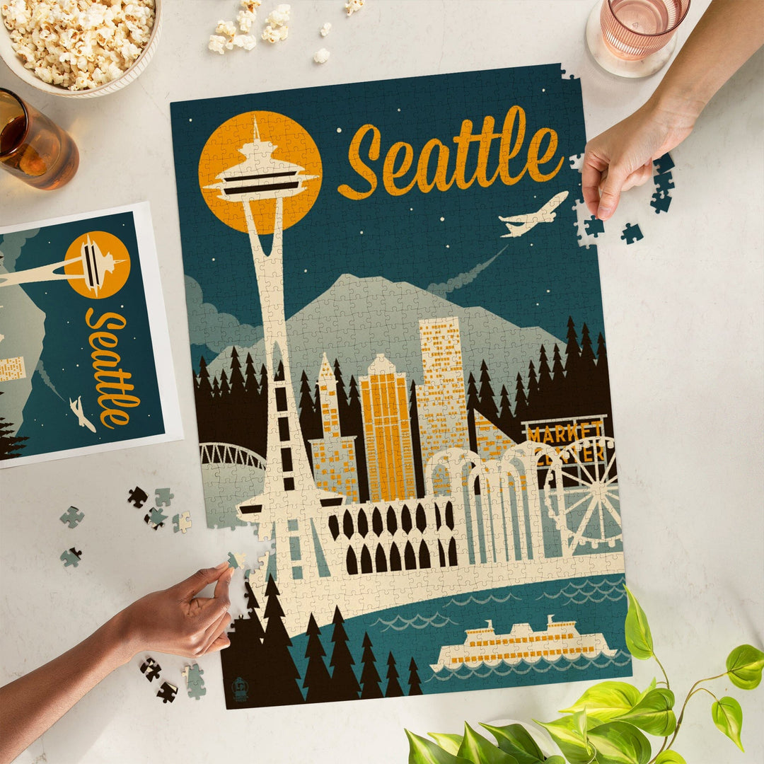 Seattle, Washington, Retro Skyline, Jigsaw Puzzle Puzzle Lantern Press 