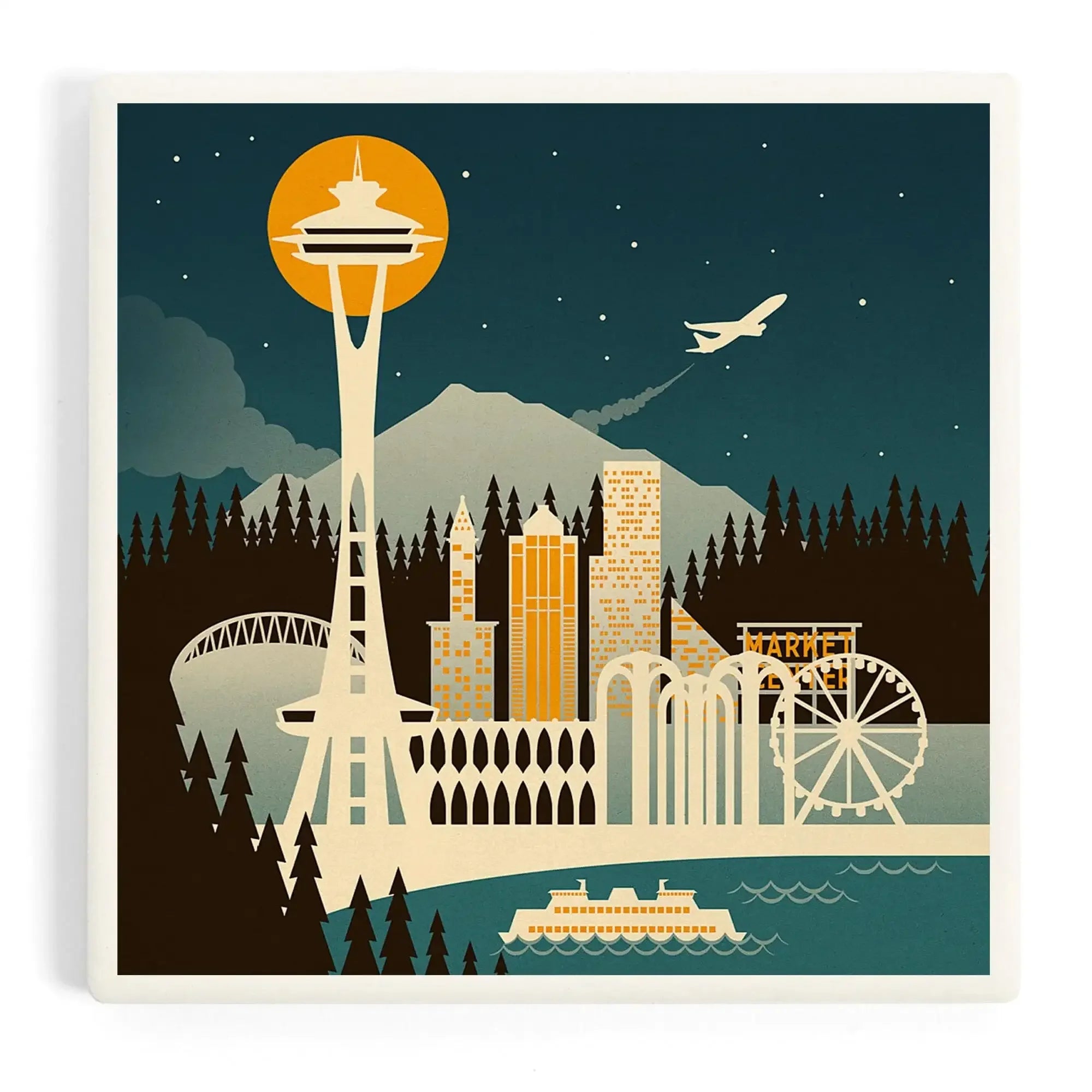Seattle, Washington, Retro Skyline (no text) ceramic coaster set